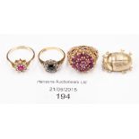 A 9ct gold and ruby ring; a sapphire and diamond chip ring; a 9ct dress ring;