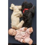 Two Plush dogs made as nightdress cases and a rosebud doll