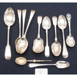 Ten silver assorted spoons and one other