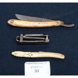 Late 18th/early 19th Century Barber shop miniatures (2) cut throat razor and pen knife and a later