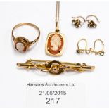 A collection of yellow metal and 9ct gold jewellery including a cameo ring and pendant,