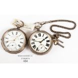 Two large silver pocket watches with chain,