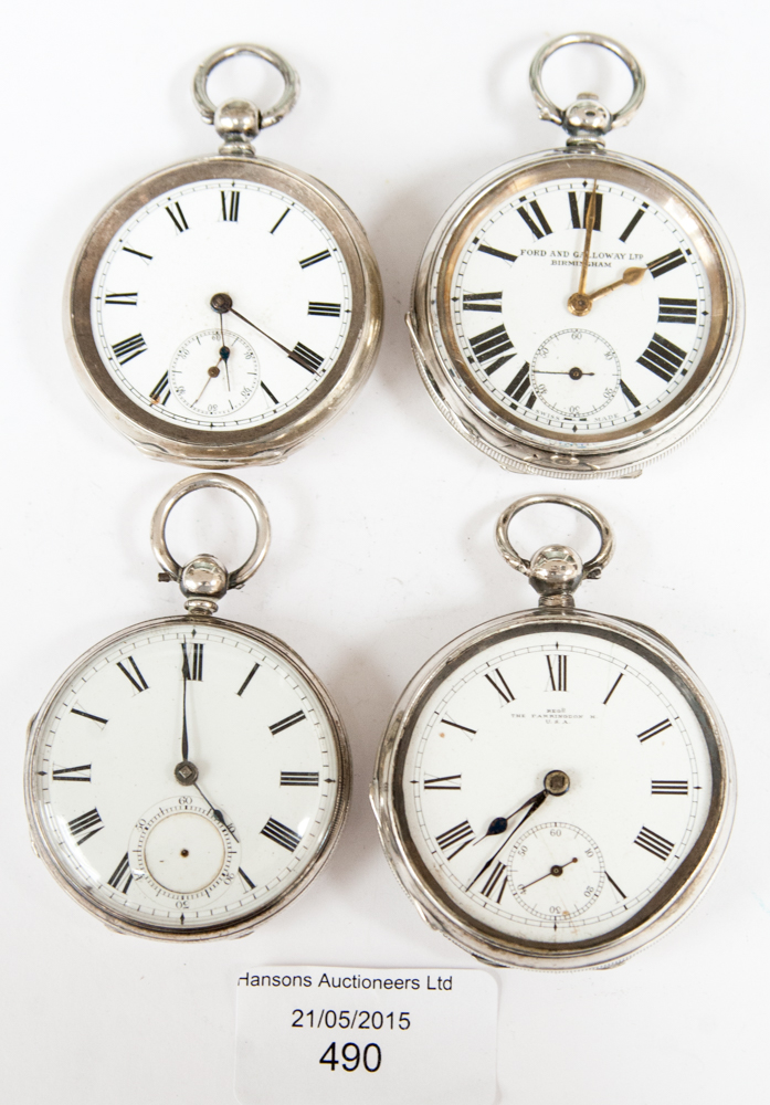 Four early 20th Century silver pocket watches to include Ford and Galloway,