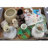 A box of ceramics, including a Majolica bottle vase, a Masons vase and a Japanese vase,