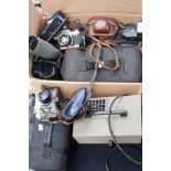 A good box of cameras and a projector, including Miranda, Kowa, Sony video camera, Panasonic video,