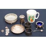 A silver pepperette, mustard pot and spoon, silver sixpence bracelet and ring,