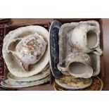 Two boxes of assorted ceramics, jug and bowl sets, platters, etc,