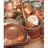 Two boxes of copper ware including kettles, warming pan, cooking pans, plant holder,