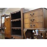 A Queen Anne style mahogany three drawer bedside cabinet, together with a three tier shelving unit,