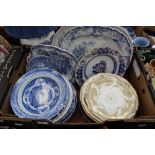 A box of 19th and 20th Century blue and white plates and dishes,