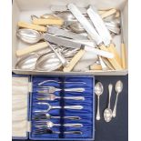 A box of assorted flatware, mostly silver plate, stainless steel,