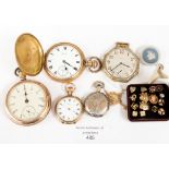 A Waltham 9ct gold fob watch; continental silver fob watch; three gold plated pocket watches,