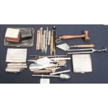 A sterling silver card case; silver and other pencils; pens; silver cigarette case; instruments;
