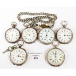 A collection of six ladies, silver pocket watches, chased and engraved cases, various enamel dials,