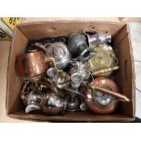 A box of assorted brassware and metalwares, including a copper kettle,