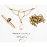 A 9ct gold and 'Peal' necklace and a rose coloured metal Albert and another chain (3)