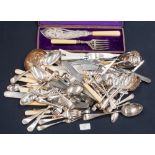 A pair of plated fish servers in case; together with a part canteen of plated cutlery,