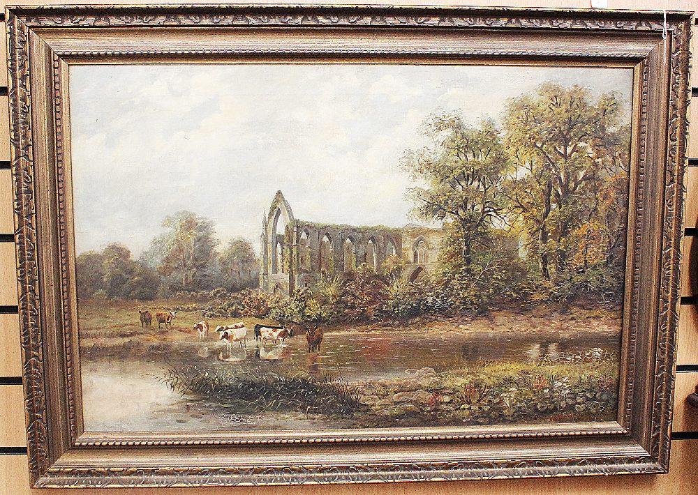 19th century British School, Abbey Ruins with cattle watering, oil on canvas,