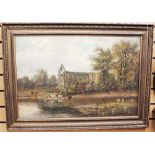 19th century British School, Abbey Ruins with cattle watering, oil on canvas,