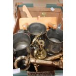 A collection of metalware including George III brass candlesticks, pewter tankards,