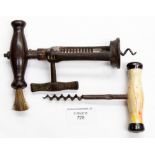 A late 19th Century mechanical corkscrew with original brush to handle;