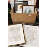 A box of prints and paintings including two framed maps of Derbyshire,