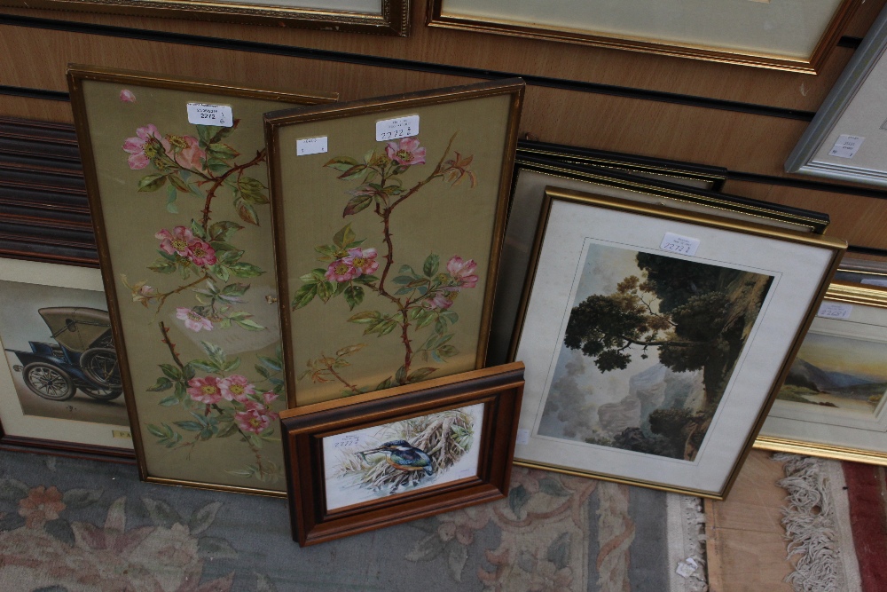 A pair of hand painted still life scenes on silk, a pair of hand tinted etchings,