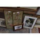A pair of hand painted still life scenes on silk, a pair of hand tinted etchings,