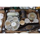 A box of Derby pottery, including mugs, plates,