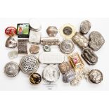 A collection of silver and white metal pill boxes, various marks and designs,