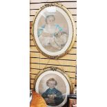 Two large oval pastel pictures, one of a girl signed A Blakley, 1889,