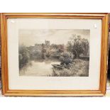 Monochrome print of Windsor Castle E Wellbourn - A Dela Rue 19th century.  Gilt frame.