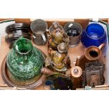 A box of assorted items, including two copper jugs, a glass vase, pewter tankards,