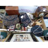 A box of collectables including a woodblock print, horse print, jewellery box, ladies evening bags,