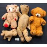 Four stuffed toys, including Merrythought teddy bear, early 20th Century teddy and dog,