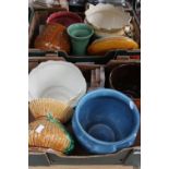 Two boxes of assorted plant pot holders, including Majolica,