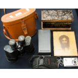 A box of modern cameras, calculators and a set of cased Zenith binoculars,