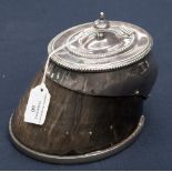 An EPNS mounted horses hoof with a central lidded container, possibly for snuff,