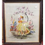 19th Century framed wool tapestry of a lady in crinoline.