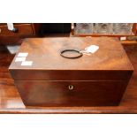 A George III mahogany rectangular tea caddy, handle to lid, ivory escutcheon,