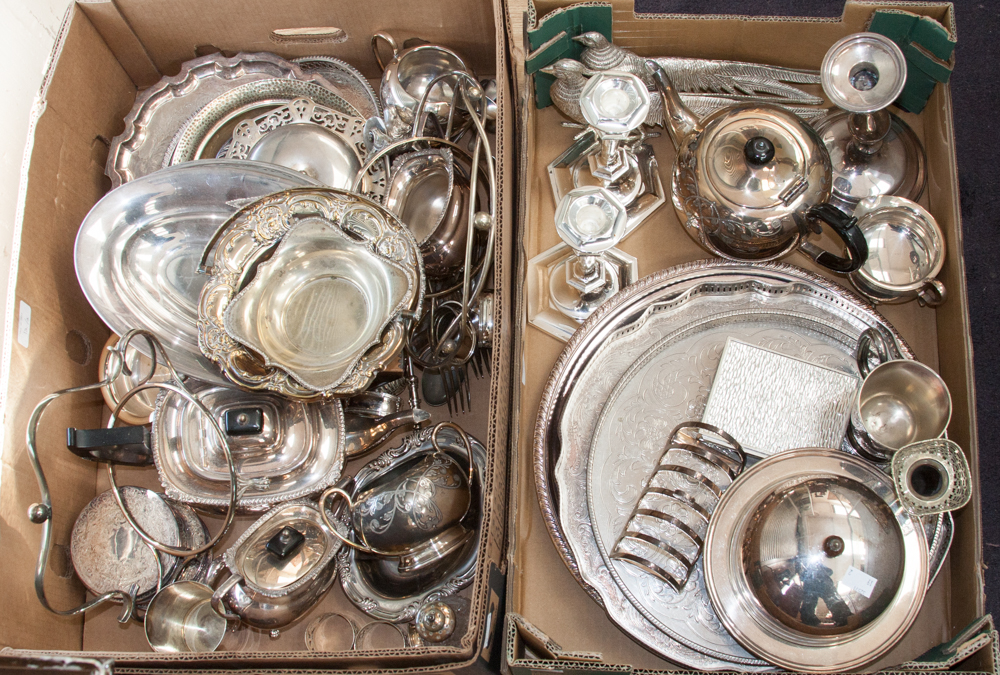 Two boxes of silver plate, including trays, tea wares, muffin dishes, flatware,