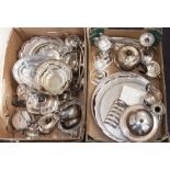 Two boxes of silver plate, including trays, tea wares, muffin dishes, flatware,