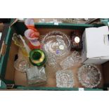 A collection of assorted glass, including a pair of Studio glass vases, decanter, studio vase,