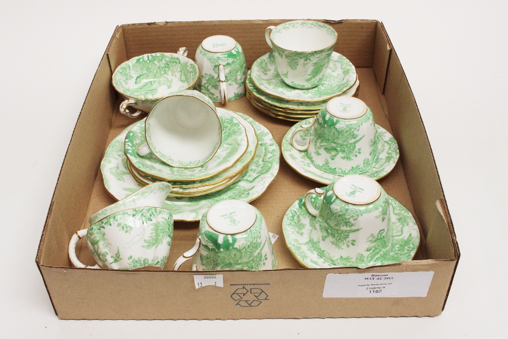 A Royal Crown Derby Green Aves teaset including cups,