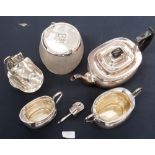 A silver plated boat shape teapot, sucrier and jug,