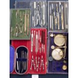 Four boxed architects drawings sets, with a boxed sovereign scales and weights,