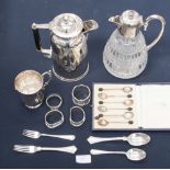 A plated and glass claret jug, plated hot water jug,