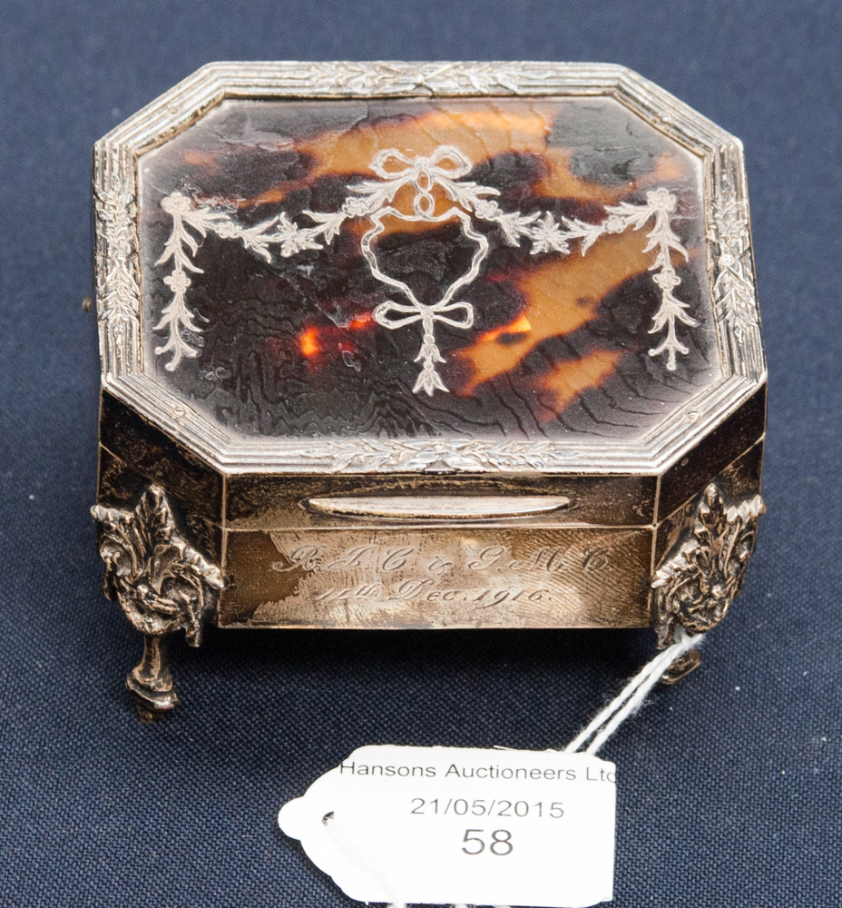 A George V silver and tortoiseshell jewellery casket in the neoclassical style, William Comyns,