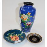 A Japanese cloisonne vase, cobalt blue ground with roses and bird,