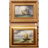 Two framed oils on board, both signed James Hardy, one picture of Thames Barge,